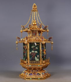 An Exquisite Gilt Bronze Inlaid Gems Character and Story Pattern Pine and Crane Pattern Palace