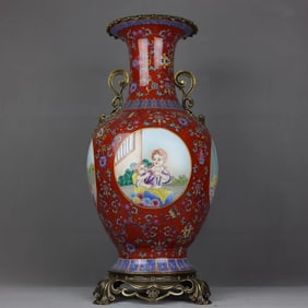 An Exquisite Famille-Rose Inlaid Bronze Lotus Pattern Character and Story Pattern Double-Ears Vase