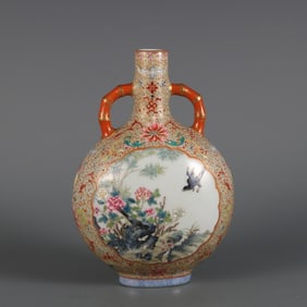 An Exquisite Enamel Lotus Pattern Flower and Bird Pattern Double-Ears Vase
