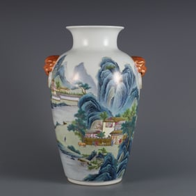 An Exquisite Famille-Rose Landscape and Figure Pattern with poem Double-Ears Vase