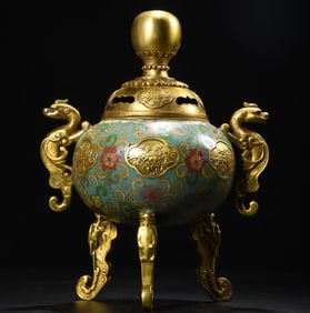 An Exquisite Cloisonne Lotus Pattern Flower and Bird Pattern Double-Ears and Tripod Censer
