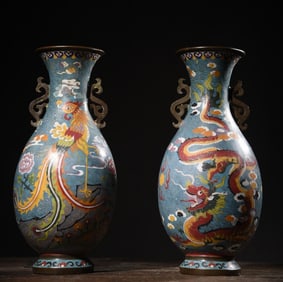 An Exquisite Cloisonne Dragon and Phoenix Pattern Double-Ears Vase