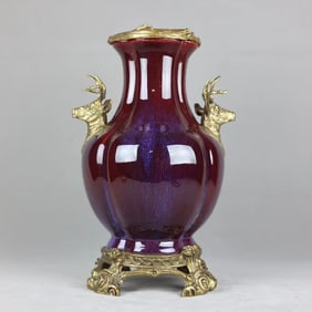 An Exquisite Flambe Glazed Inlaid Bronze Double-Ears Vase