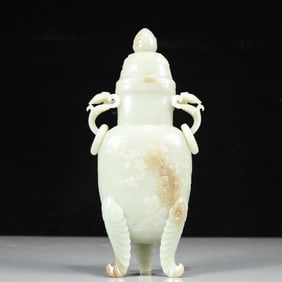 A Exquisite White Jade Flower and Bird Pattern Double-Ears and Tripod Vase