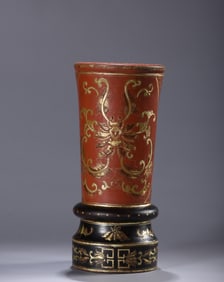 An Exquisite Carved Red Lacquer Painted Gold Lotus Pattern Brush Pot