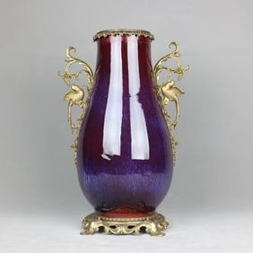 An Exquisite Flambe Glazed Inlaid Bronze Double-Ears Vase