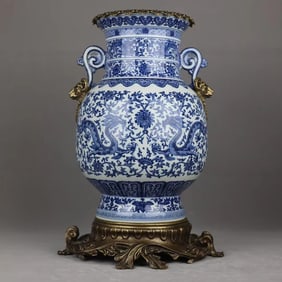 An Exquisite Blue and White Inlaid Bronze Lotus Pattern Dragon Pattern Double-Ears Vase