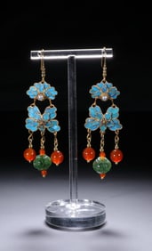 An Exquisite Gilt Bronze Inlaid Gems Earrings