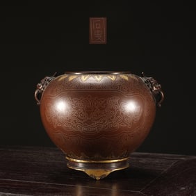 An Exquisite Bronze Inlaid Gold and Silver Beast-Face Pattern Double-Ears Censer