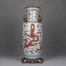 An Exquisite Wucai Inlaid Bronze Dragon Pattern Seawater Pattern Double-Ears Vase