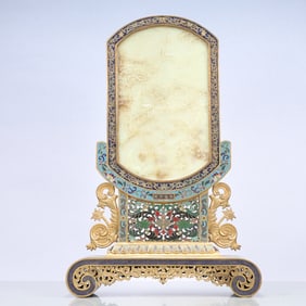 A Exquisite Cloisonne Inlaid White Jade Landscape and Figure Pattern Lotus Pattern with poem Screen