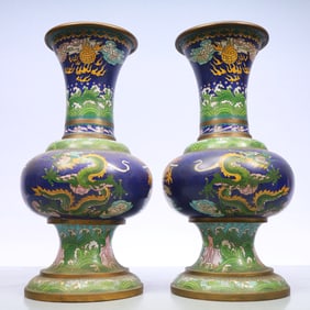 A Exquisite A pair of Cloisonne Seawater Pattern Dragon Pattern Vase