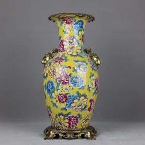 An Exquisite Famille-Rose Inlaid Bronze Flower Pattern Double-Ears Vase