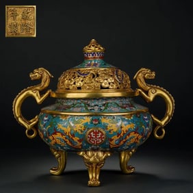 An Exquisite Cloisonne Lotus Pattern Bats and Peach Pattern Dragon Pattern Double-Ears and Tripod