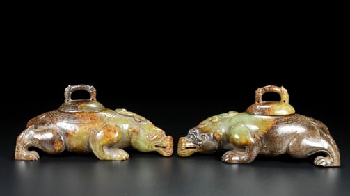 A Pair of Exquisite White Jade Auspicious Beast-Shaped Censer