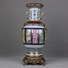 An Exquisite Famille-Rose Blue and White Inlaid Bronze Lotus Pattern Landscape and Figure Pattern