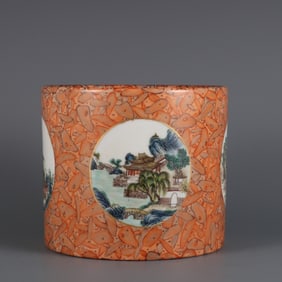 An Exquisite Famille-Rose Landscape Pattern Brush Pot