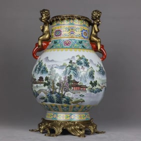 An Exquisite Famille-Rose Inlaid Bronze Lotus Pattern Landscape Pattern with poem Double-Ears Vase