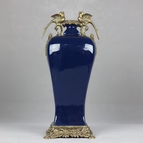 An Exquisite Ji Blue Glazed Inlaid Bronze Double-Ears Vase