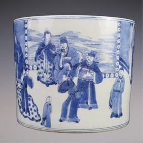 An Exquisite Blue and White Character and Story Pattern Brush Pot