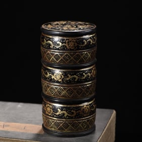 An Exquisite Black Lacquer Painted Gold Lotus Pattern Flower and Fruit Pattern Box