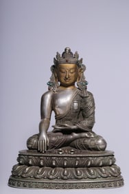 An Exquisite Bronze Inlaid Silver Buddha Statue