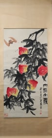A Chinese Vertical Scroll Ink Painting of Bats and Peach on Paper