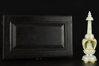 An Exquisite White Jade Inlaid Gold and Silver Pagoda