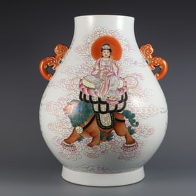 An Exquisite Famille-Rose Statue of Bodhisattva Pattern with poem Double-Ears Vase
