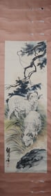 A Chinese Vertical Scroll Ink Painting of Sheep on Paper