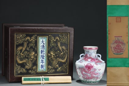 An Exquisite Ink Color Ruby Red-Glazed Dragon Pattern Seawater Pattern Double-EarsVase