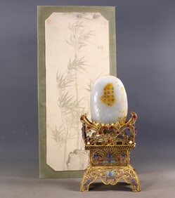 An Exquisite Gilt Bronze Inlaid White Jade Character and Story Pattern with poem Ornament