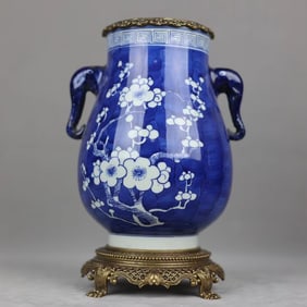 An Exquisite Blue and White Inlaid Bronze Flower Pattern Double-Ears Vase