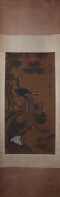 A Chinese Vertical Scroll Ink Painting of Flower and Bird on Silk