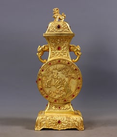 An Exquisite Gilt Bronze Inlaid Gems Character and Story Pattern Double-Ears Vase