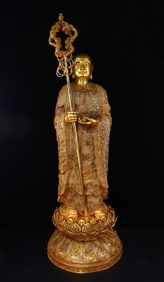 An Exquisite Gilt Bronze Inlaid Gems Statue of Kshitigarbha Bodhisattva