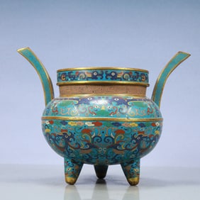 A Exquisite Cloisonne Lotus Pattern Dragon Pattern Double-Ears and Tripod Censer
