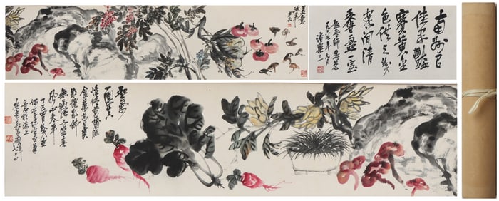 A Chinese Hand Scroll Ink Painting of Flower and Fruit on Paper