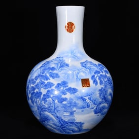 An Exquisite Blue and White Painted Gold Landscape Pattern with poem Vase