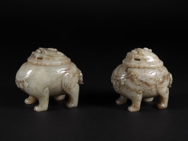 A Pair of Exquisite White Jade Auspicious Beast-Shaped Censer