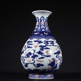 An Exquisite Blue and White Underglaze-Red Lotus Pattern Bats Pattern Seawater Pattern Vase