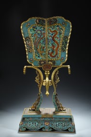 A Rare Bronze Body Cloisonne Dragon and Phoenix Pattern Fan Screen