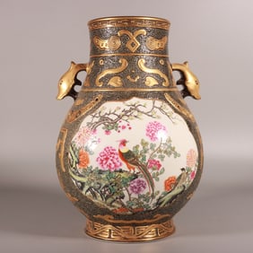 A Exquisite Famille-Rose Painted Gold Flower and Bird Pattern Deer-Ears Vase