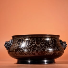 A Exquisite Red Copper Silver-Inlaid Lion-Ear Censer