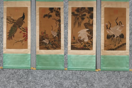 A Set of Chinese Vertical Scroll Ink Paintings of Flower and Bird on Paper