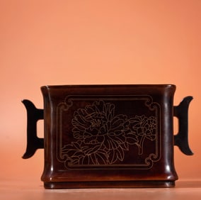A Exquisite Red Copper Silver-Inlaid Square Censer
