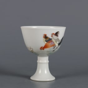 A Rare  Famille Rose Rooster Pattern Stem Cup