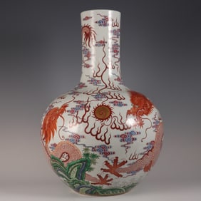 A Rare  Famille Rose Double Dragons Playing with Pearl Pattern Vase