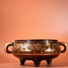 A Exquisite Red Copper Carved Pattern Gilt Double-Ear Censer