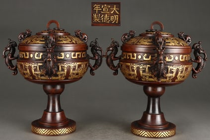 A pair of Exquisite Gilt Bronze Dragon-Ears Censer